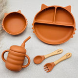 Coffret repas bébé personnalisé marron en silicone, design chat, cadeau de naissance pratique Baby-Crea