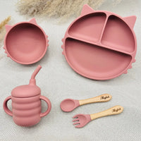 Coffret repas bébé personnalisé rose en silicone, assiette chat, parfait pour un cadeau de naissance