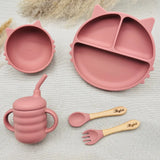 Coffret repas bébé personnalisé rose en silicone, assiette chat, parfait pour un cadeau de naissance