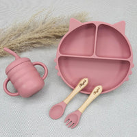 Coffret repas bébé personnalisé rose en silicone avec assiette chat compartimentée, cadeau naissance fille Baby-Crea