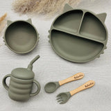 Coffret repas bébé personnalisé vert olive en silicone, motif chat, idéal cadeau de naissance Baby-Crea
