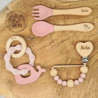 Coffret anneau dentition, attache tétine, couverts rose